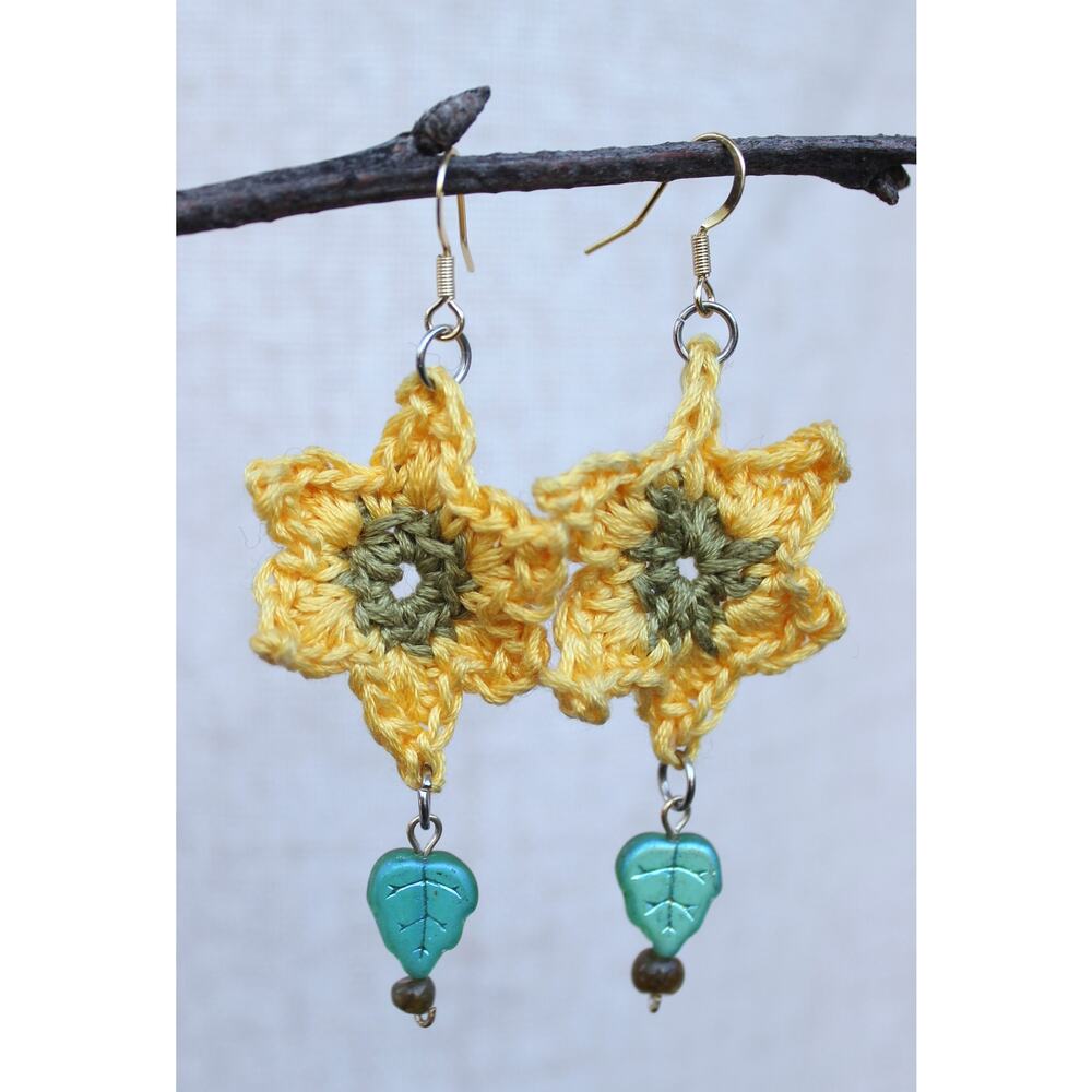 Crochet Sunflower Earrings- Labradorite Beads- Yellow Boho Cottagecore